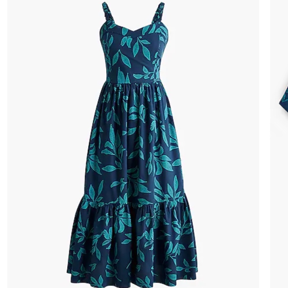 NWT J. Crew Factory Poplin Corset Navy and Teal Midi Dress with Leaf Print Sz 00